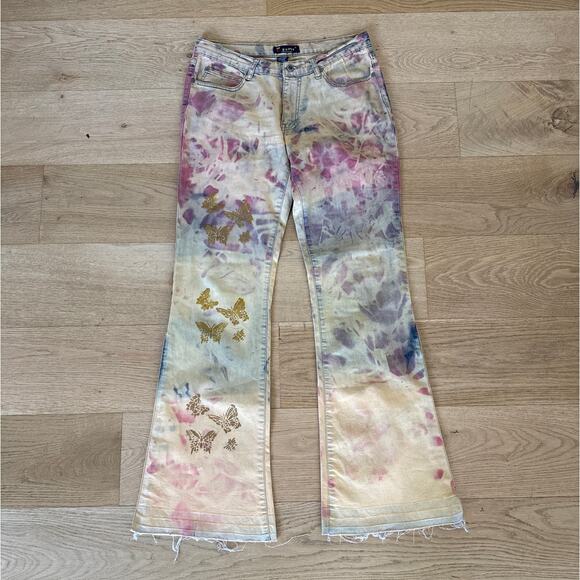 Q Point Denim - Q Point Jeans Flare Butterflies Tie Dye Size 10 Yellow Pink Blue